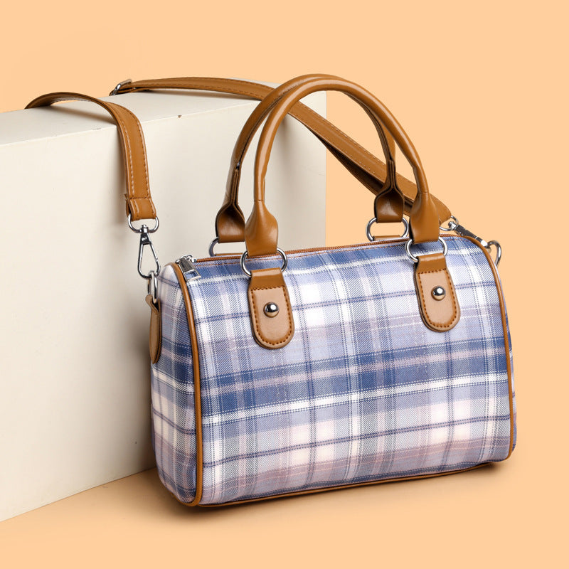 Plaid Academy Style Round Barrel Shoulder Bag