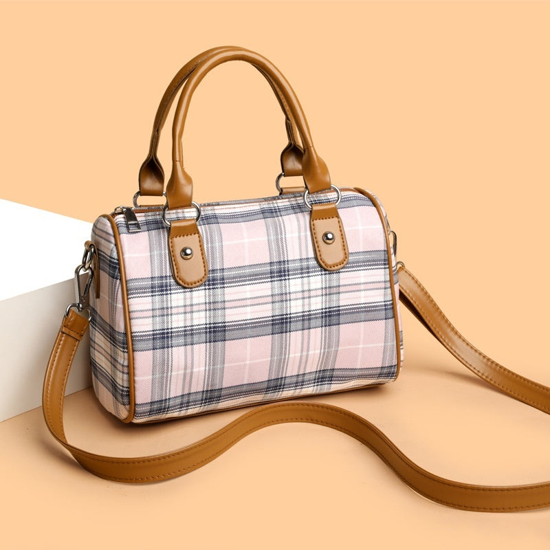 Plaid Academy Style Round Barrel Shoulder Bag