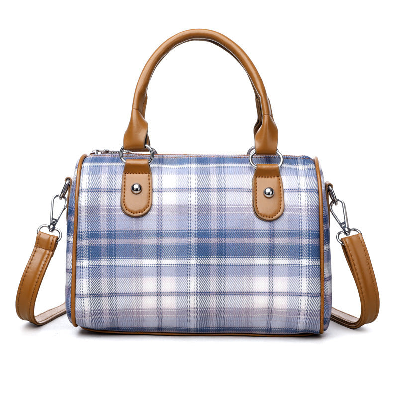 Plaid Academy Style Round Barrel Shoulder Bag